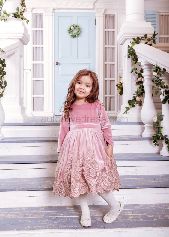 Dusty Rose Velvet Pineapple Embroidered Lace Vintage Flower Girl Dress